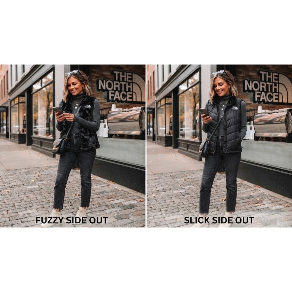 The North Face Osito Black reversible Faux Fur Full Zip Vest  Sleeveless Jacket